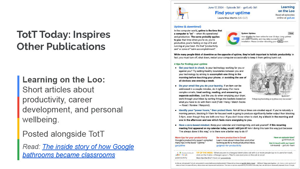 How Google Uses Bathroom Breaks to Improve Developer Knowledge and Productivity — slide 20