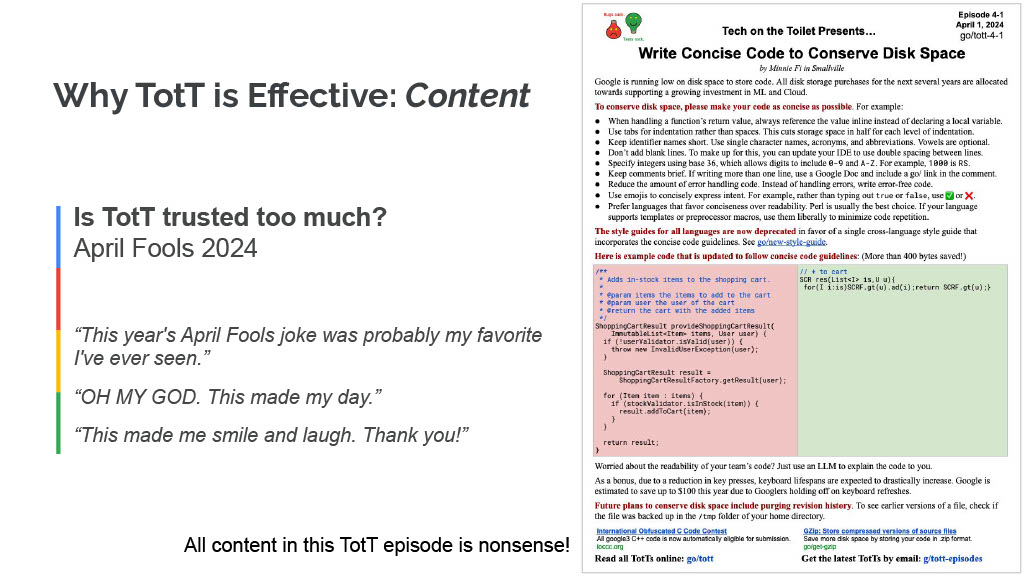 How Google Uses Bathroom Breaks to Improve Developer Knowledge and Productivity — slide 28