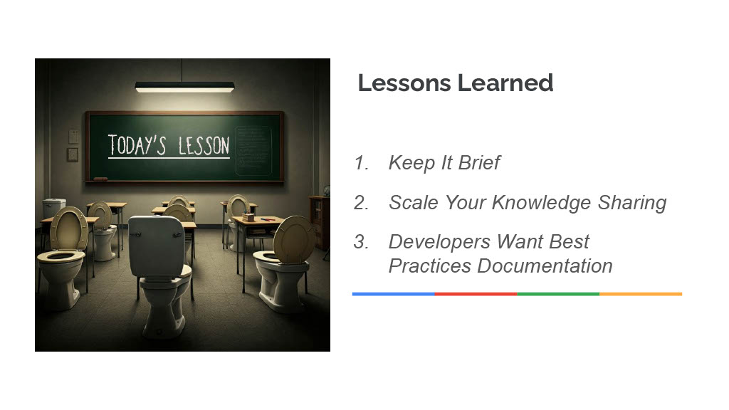 How Google Uses Bathroom Breaks to Improve Developer Knowledge and Productivity — slide 30