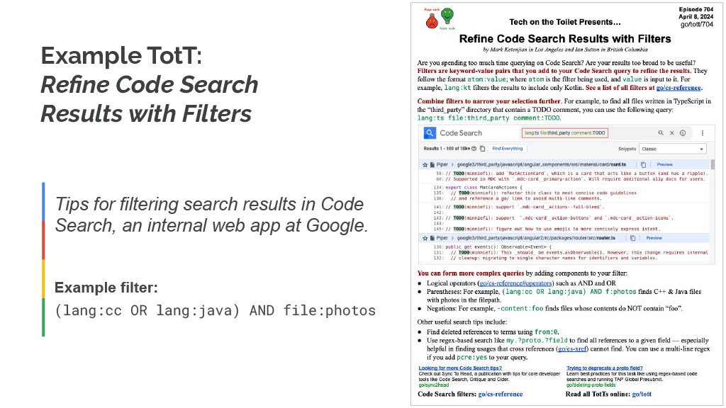 How Google Uses Bathroom Breaks to Improve Developer Knowledge and Productivity — slide 7
