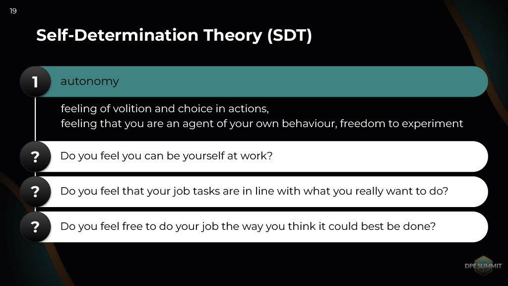 Three Words to Remember When Working with People’s Motivation and Productivity: Autonomy, Competence, Relatedness to Others — slide 19
