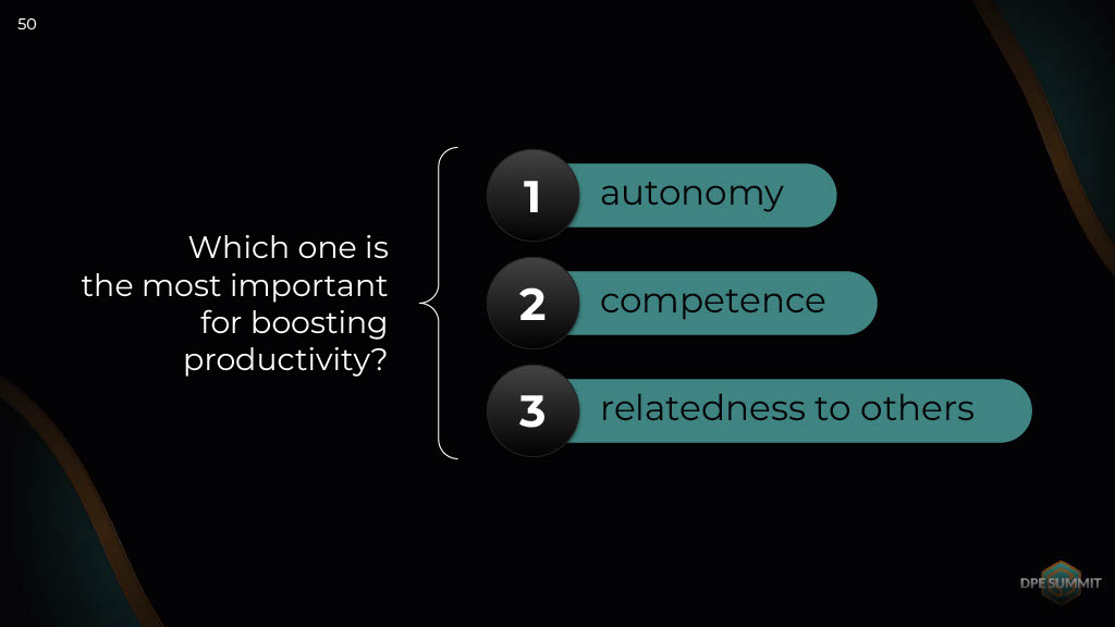 Three Words to Remember When Working with People’s Motivation and Productivity: Autonomy, Competence, Relatedness to Others — slide 50